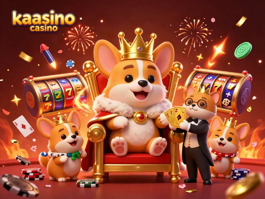 Experience the excitement at kaasino casino with a royal corgi surrounded by dynamic gambling elements.