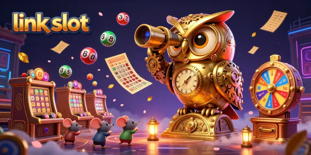 Engage with exciting link slot games and win big in an illustrated casino scene with vibrant features.