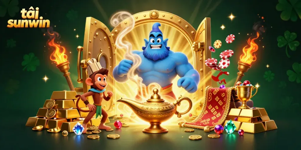 Experience the excitement of tải sunwin with a powerful genie, monkey, and magic carpet in a dynamic casino scene.