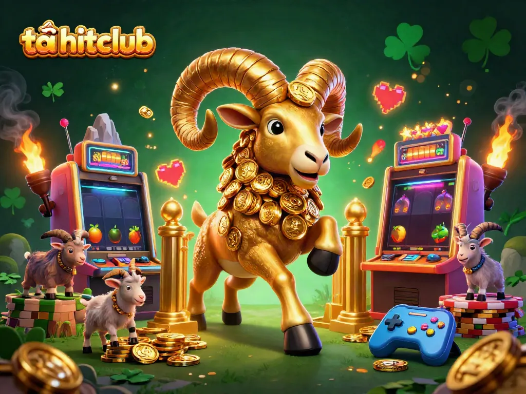 Experience exciting gaming at tải hitclub with golden ram character charging through a vibrant casino scene.