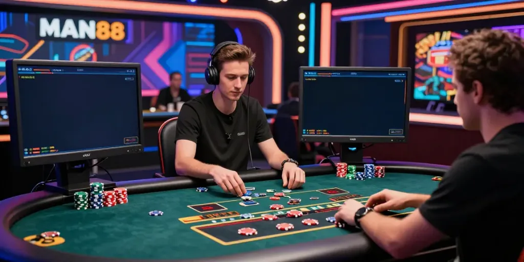 Engaged player enjoying a thrilling live casino experience at man88 with live dealer and vibrant ambiance.