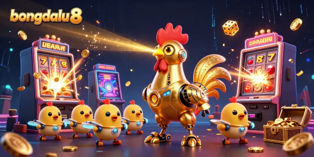 Experience the excitement of bongdalu 8 with animated characters, vibrant slot machines, and gaming elements.