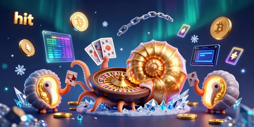 Hit the jackpot with an ancient giant nautilus roulette wheel and glowing cryptocurrency coins.