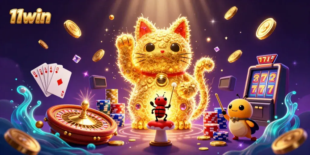 Experience the excitement of 11win with vibrant visuals of a lucky cat, spinning roulette wheel, and colorful casino elements.