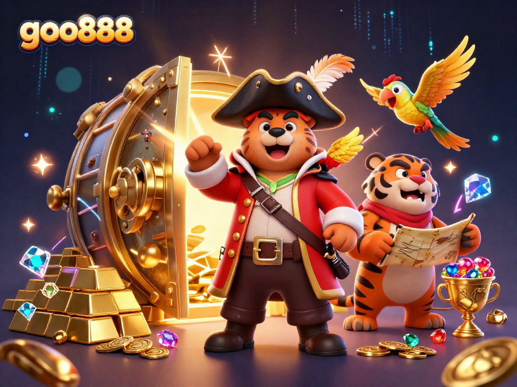 Experience thrilling gameplay at goo888 with an exciting treasure-hunting scene featuring captivating characters and lavish treasures.