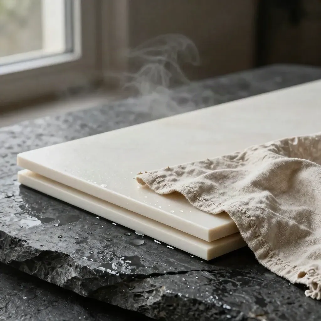Off-white landingspagina-slab met spacerblokken en linnen op nat basalt in mist.