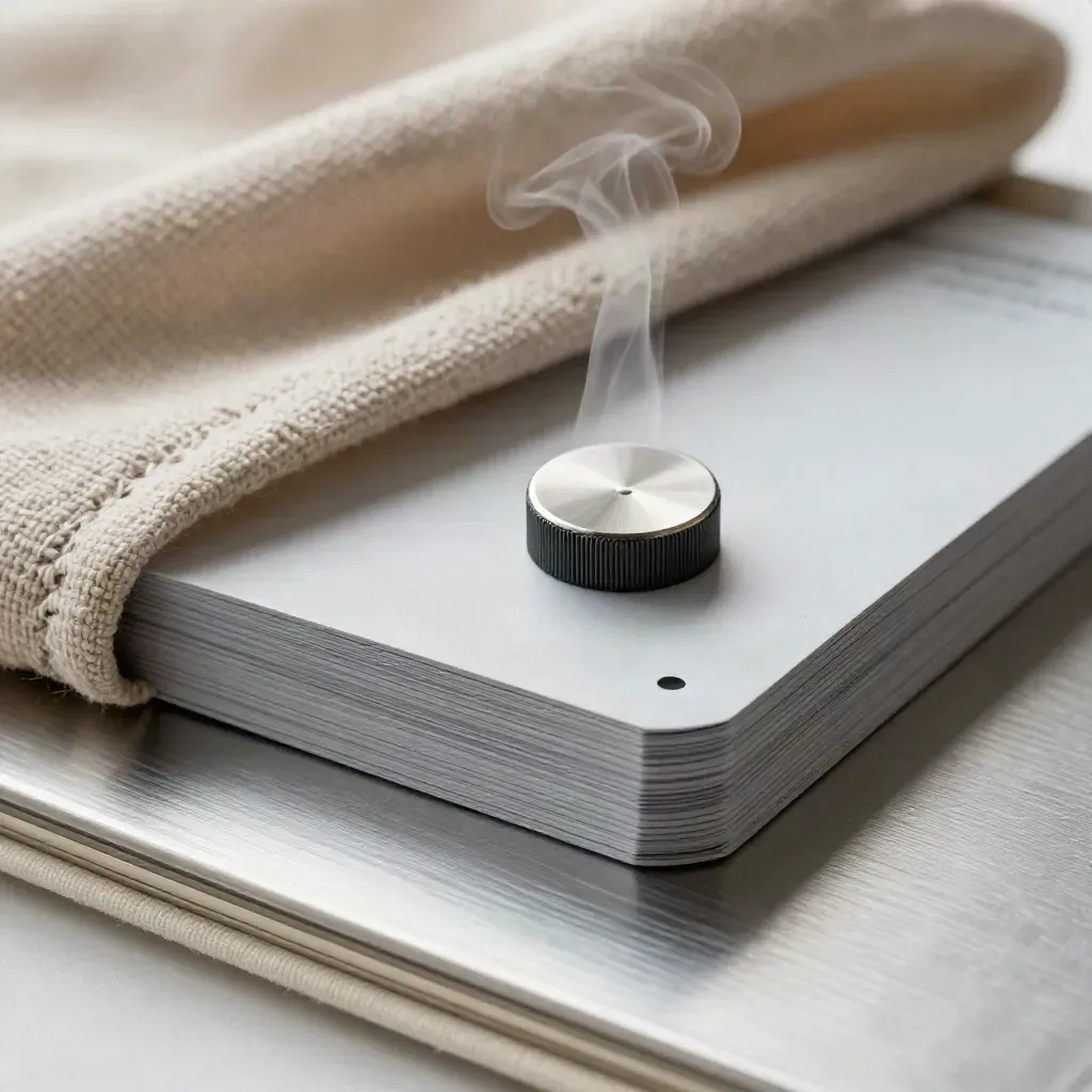 Grijze SEO-auditset met stof, metaal en koele damp in een strakke macro flat lay.