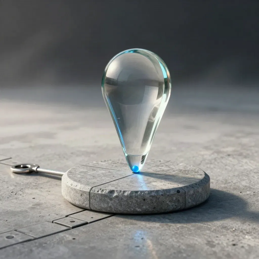 Glazen SEO-monoliet op beton met stenen ringbasis en blauw signaallicht in mist.