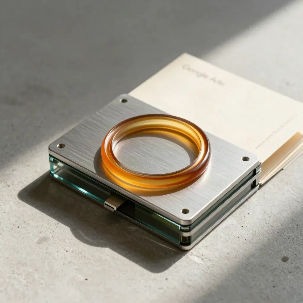 Overhead flatlay van aluminium campagnebundel met amber ring op betonnen slab