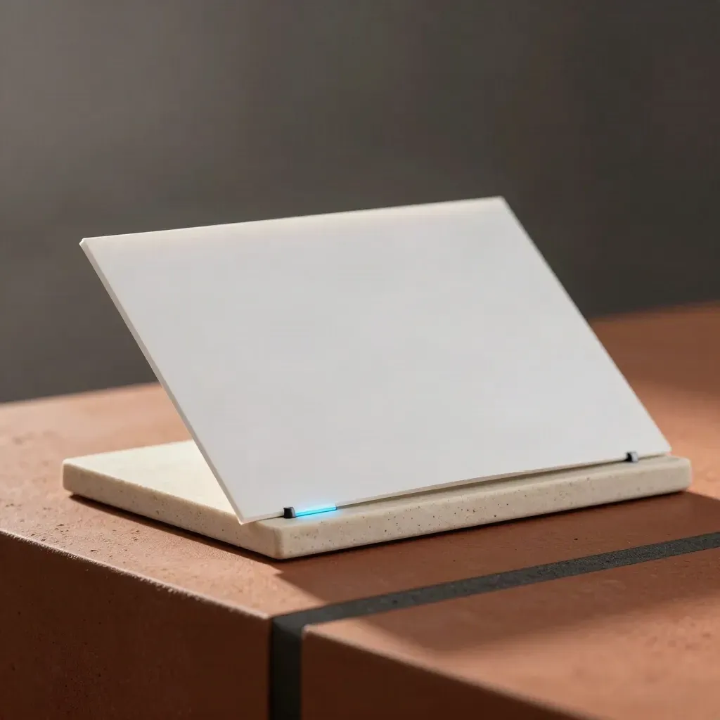 Witte landingspaginamodule op stenen sokkel met klein blauw beaconblok en zachte mist