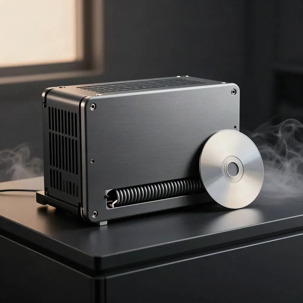 Hostingkit met servercore, glasvezellus en beveiligingsschijf op donkere studio-plint.