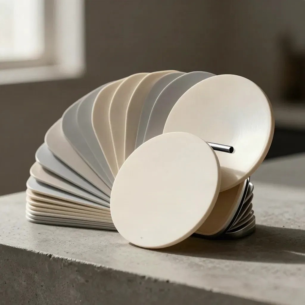 Gelaagde social ads-cards met zilveren balk en halo in zachte studioverlichting.