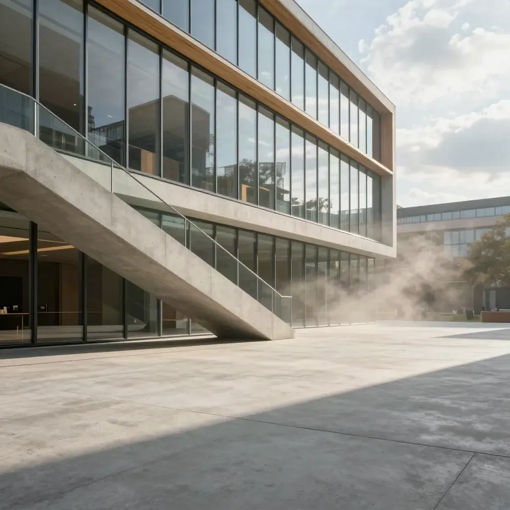 Moderne glazen binnenplaats met betonnen vloer en trap, licht en schaduw op een rustige achtergrond.