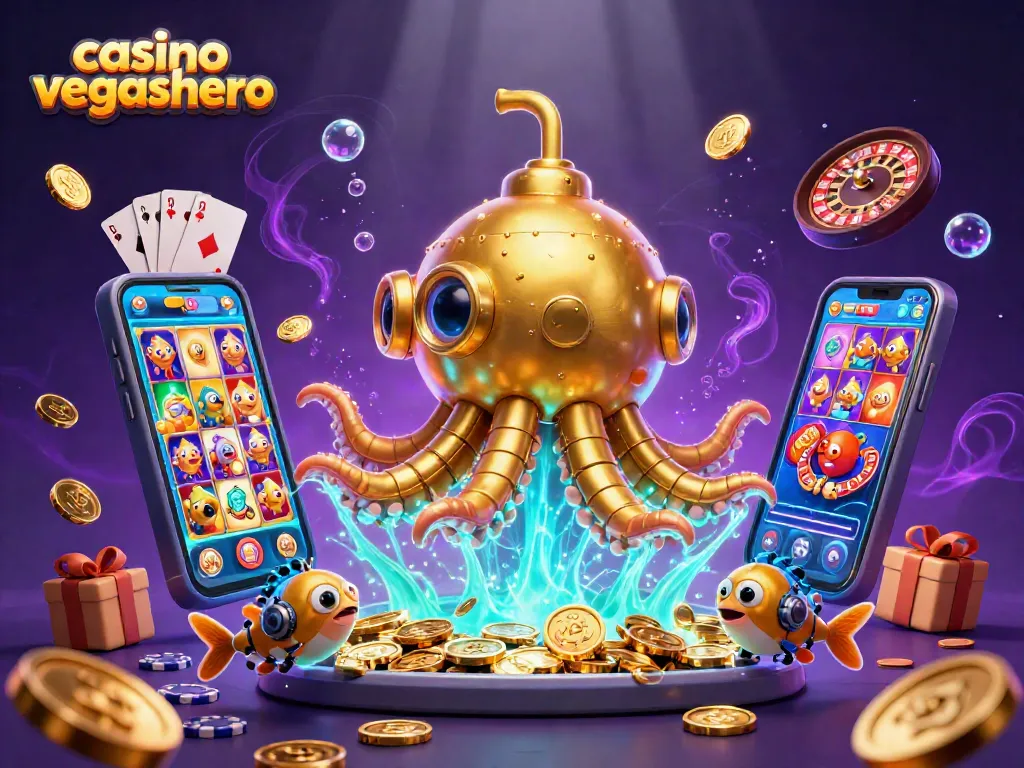 Experience exciting games at casino vegashero with a golden kraken submarine and vibrant casino elements.