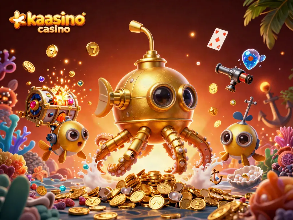 Engage with the dynamic kaasino casino scene, featuring a golden kraken submarine and vibrant slot games.