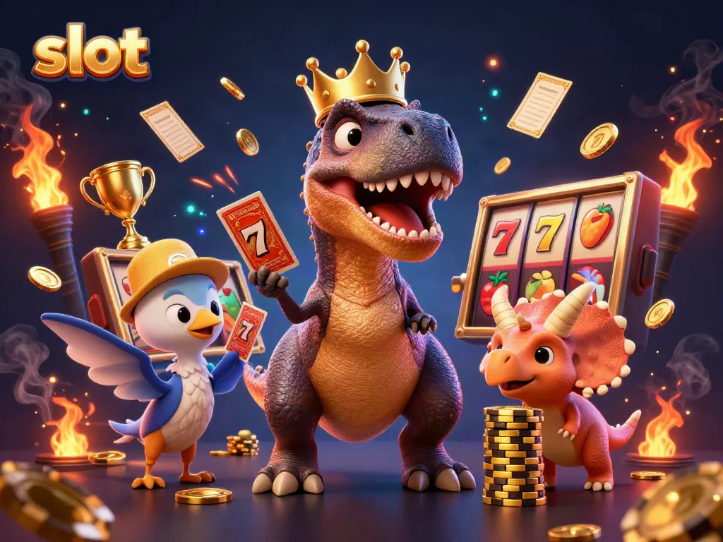 Experience the thrill of slot games with a friendly dinosaur dealer and vibrant casino elements.