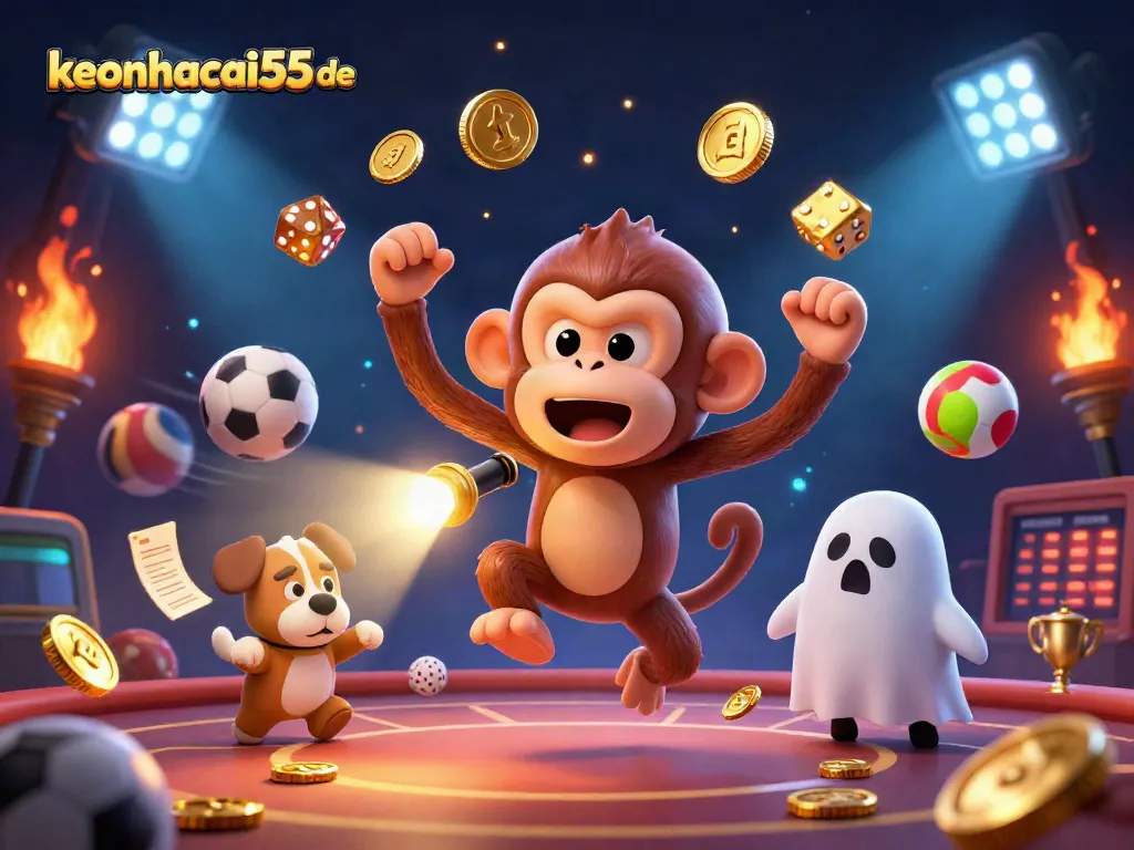 Experience thrilling action at keonhacai55 de with a playful poltergeist monkey and excited ghost-hunter puppy in a bustling casino.