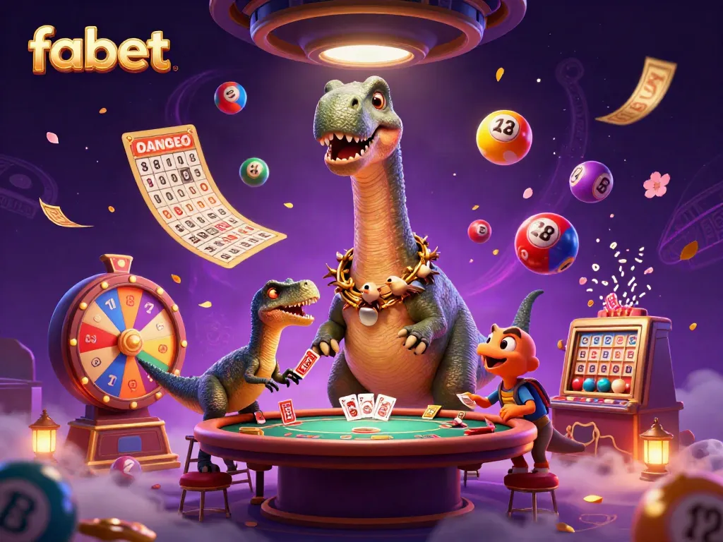 Experience thrilling moments with fabet as the giant brontosaurus overlooks a lively gaming scene.