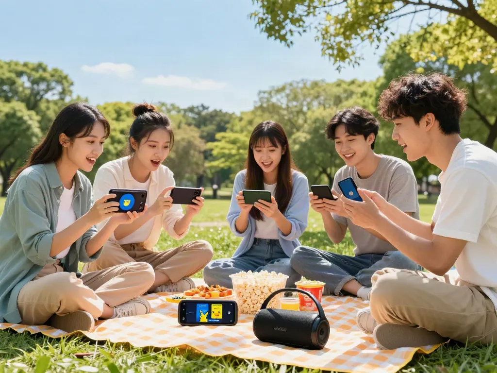Friends using smartphones to get it here with the Pikachu App during a sunny park gathering.