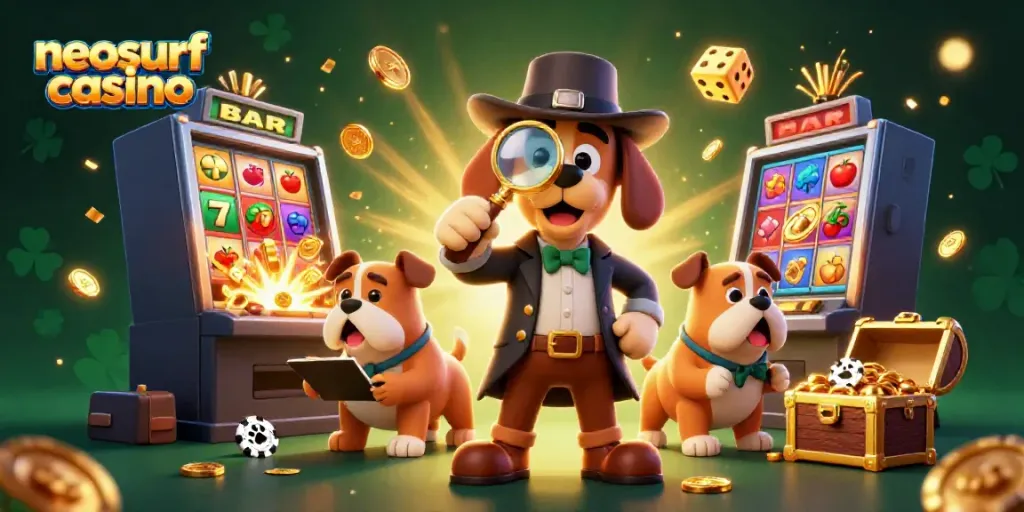 Experience the excitement of neosurf casino with themed characters and a vibrant casino scene.