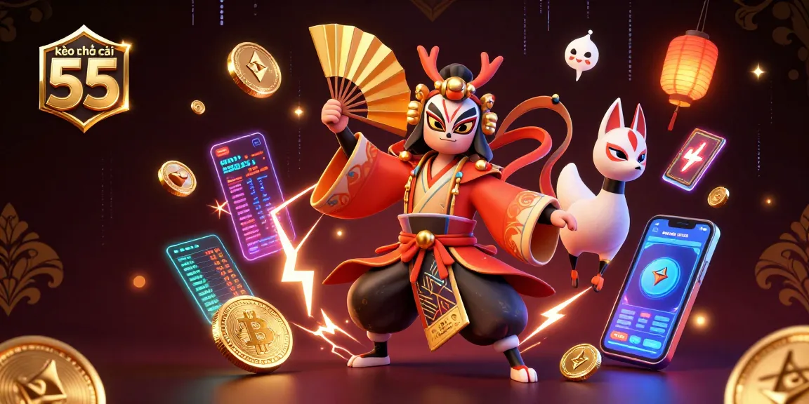 Engage with kèo nhà cái 55 through dynamic 3D art featuring casino-themed characters and crypto elements.