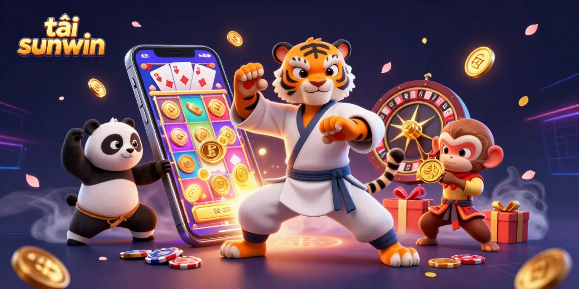 Experience the thrill of tải sunwin as the kung fu tiger master performs amidst vibrant gambling elements.
