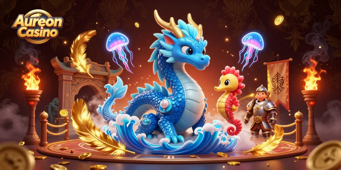 Aureon Casino showcases a vivid 3D illustration of a water dragon and seahorse knight amidst glowing jellyfish, bringing the casino experience to life.