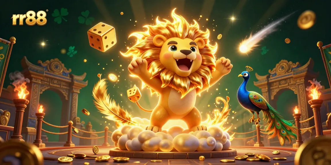 rr88 showcases a triumphant lion amidst swirling golden elements, celebrating big wins in the casino