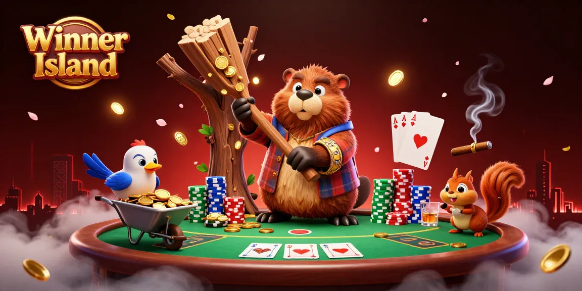 Experience the thrill of casino gaming with Winner Island beaver bringing golden coins in a vibrant scene.